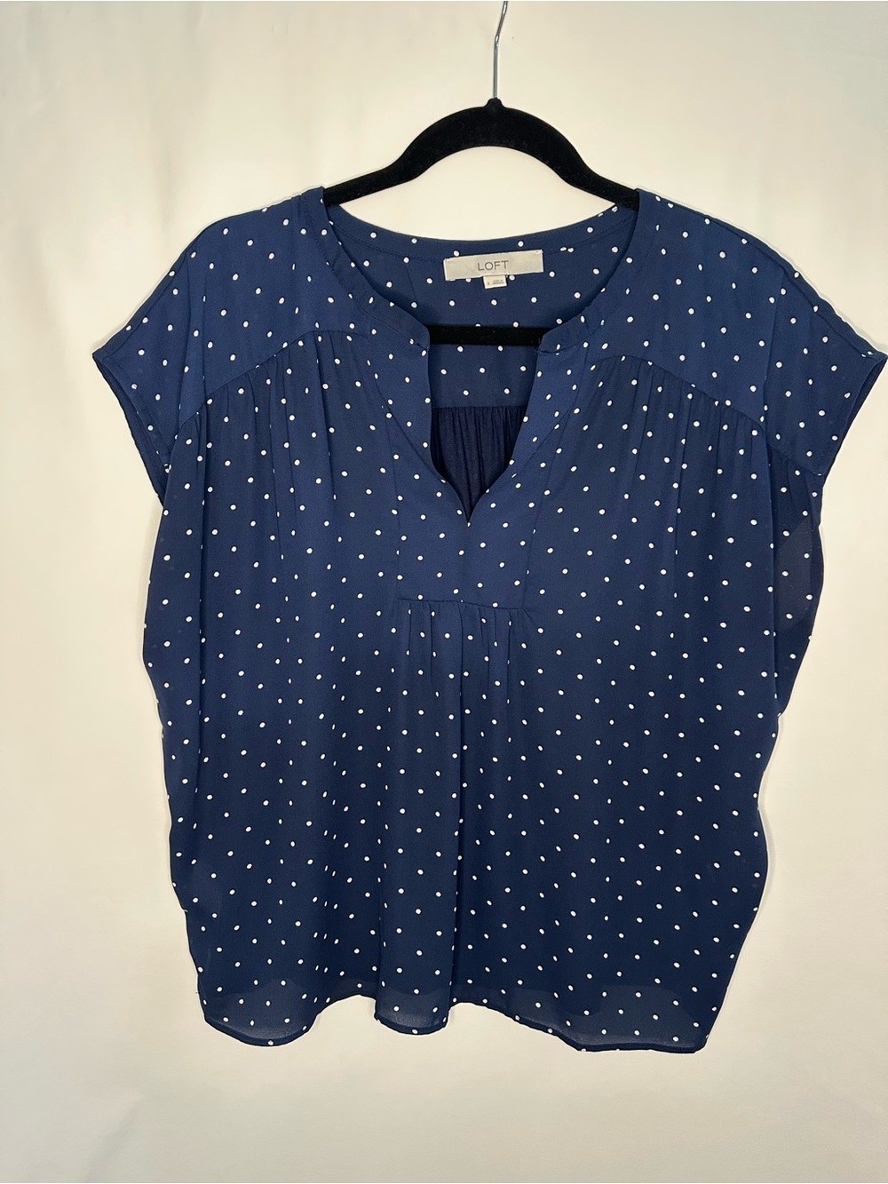 LOFT Navy with White Polka Dot Split-Neck Blouse